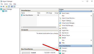 Actions tab on the right of the VM interface with an arrow pointing to the Settings option in the New Virtual Machine section.